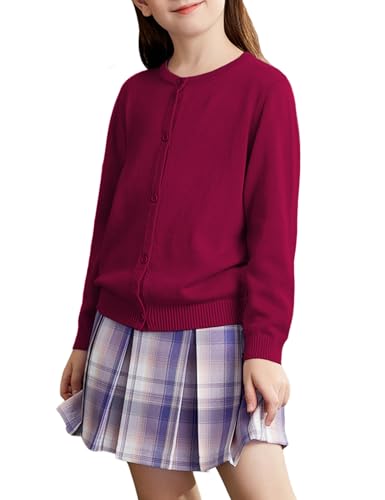 Kiench Mädchen Strickjacke Basic Baumwolle Kinder Rundhals Langarm Cardigan mit Knöpfen Burgundrot EU Gr. 134/7-8 Jahre Etikett 140 von Kiench