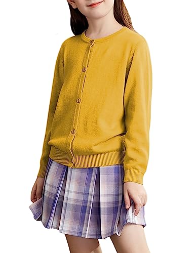 Kiench Mädchen Strickjacke Basic Baumwolle Kinder Rundhals Langarm Cardigan mit Knöpfen Gelb EU Größe 152/11-12 Jahre Etikett M von Kiench