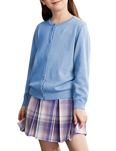 Kiench Mädchen Strickjacke Basic Baumwolle Kinder Rundhals Langarm Cardigan mit Knöpfen Hellblau EU Größe 104-110/3-4 Jahre Etikett 110 von Kiench