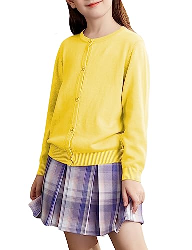 Kiench Mädchen Strickjacke Basic Baumwolle Kinder Rundhals Langarm Cardigan mit Knöpfen Hellgelb EU Größe 134/7-8 Jahre Etikett 140 von Kiench