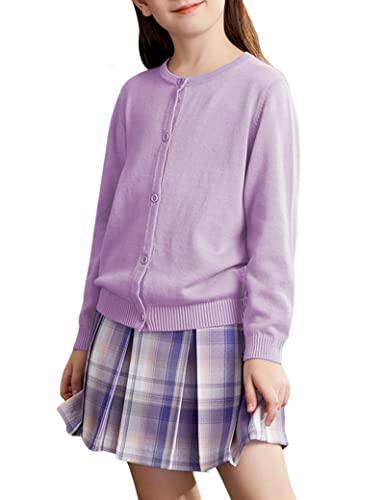 Kiench Mädchen Strickjacke Basic Baumwolle Kinder Rundhals Langarm Cardigan mit Knöpfen Lila EU Größe 122-128/5-6 Jahre Etikett 130 von Kiench