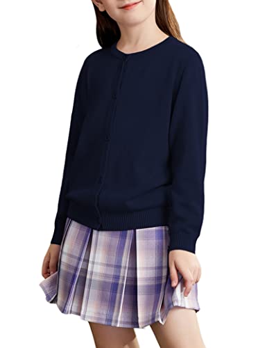 Kiench Mädchen Strickjacke Basic Baumwolle Kinder Rundhals Langarm Cardigan mit Knöpfen Marineblau EU Größe 140-146/9-10 Jahre Etikett S von Kiench