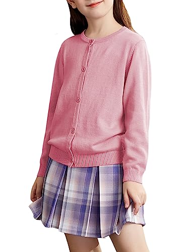 Kiench Mädchen Strickjacke Basic Baumwolle Kinder Rundhals Langarm Cardigan mit Knöpfen Puderrosa EU Größe 134/7-8 Jahre Etikett 140 von Kiench