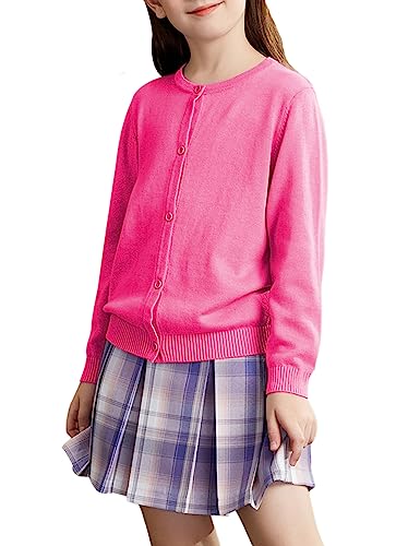 Kiench Mädchen Strickjacke Basic Baumwolle Kinder Rundhals Langarm Cardigan mit Knöpfen Rosarot EU Größe 116/4-5 Jahre Etikett 120 von Kiench