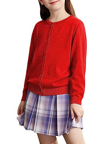 Kiench Mädchen Strickjacke Basic Baumwolle Kinder Rundhals Langarm Cardigan mit Knöpfen Rot EU Größe 152/11-12 Jahre Etikett M von Kiench