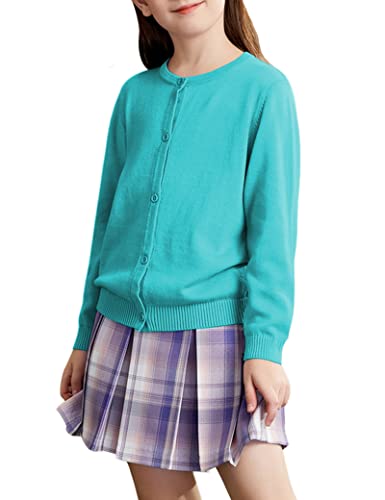 Kiench Mädchen Strickjacke Basic Baumwolle Kinder Rundhals Langarm Cardigan mit Knöpfen Türkis EU Größe 104-110/3-4 Jahre Etikett 110 von Kiench