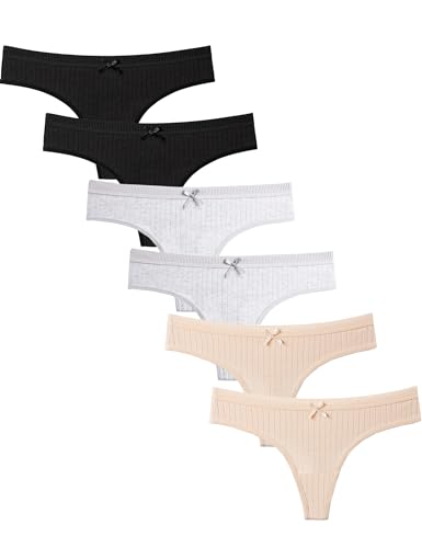 Kiench Mädchen Unterhosen Baumwolle Tanga für Teenager 6er-Pack Basic (Schwarz & Beige & Grau) EU Größe 146-152/10-12 Jahre Etikett S von Kiench