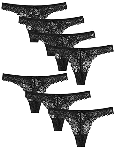 Kiench Mädchen Unterhosen Spitze Teenager Strings Tanga 7er-Pack 7 Schwarz EU Größe 152-158/12-14 Jahre/Damen Größe 34-36 / S Etikett L von Kiench