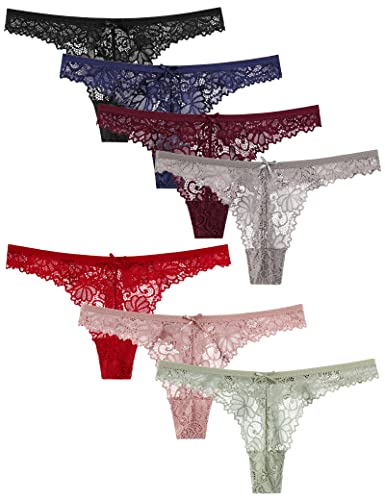 Kiench Mädchen Unterhosen Spitze Teenager Strings Tanga 7er-Pack Maineblau & Rost & Weinrot & Rosa & Grün & Grau & Schwarz EU Größe 152-158/12-14 Jahre/Damen Größe 34-36 / S Etikett L von Kiench