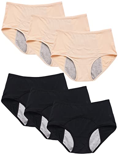 Kiench Perioden Unterhosen Damen Menstruation Slips Hohe Taille 6er-Pack 3 Schwarz & 3 Hautfarbe EU Größe 46 / XXL / 2XL von Kiench