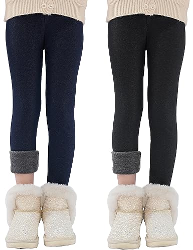 Kiench Teenager Mädchen Leggings Baumwolle Gefüttert Winter Hosen 2er-Pack Denim Serie Schwarz & Dunkelblau EU Größe 158/11-12 Jahre Etikett 170 von Kiench