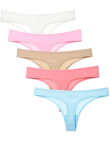 Kiench Teenager Mädchen Unterhosen Tanga-Unterwäsche Nahtlos 5er-Pack Blau & Pink & Hautfarbe & Rosa & Weiß EU Größe 146-152/10-12 Jahre/Damen Größe 32-34 Etikett M von Kiench