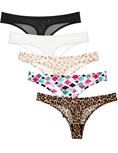 Kiench Teenager Mädchen Unterhosen Tanga-Unterwäsche Nahtlos 5er-Pack Blumenmuster & Karo & Leoparden-Print & Weiß & Schwarz EU Größe 146-152/10-12 Jahre/Damen Größe 32-34 Etikett M von Kiench