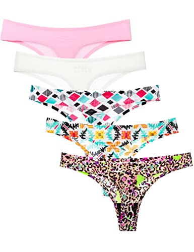 Kiench Teenager Mädchen Unterhosen Tanga-Unterwäsche Nahtlos 5er-Pack Geometrie & Bunt Leoparden & Karo & Rosa & Weiß EU Größe 146-152/10-12 Jahre/Damen Größe 32-34 Etikett M von Kiench