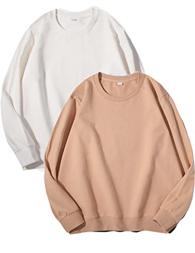 Kiench Teenager Sweatshirt Jungen Mädchen Basic Pullover Rundhals Baumwolle 2er-Pack Weiß & Beige EU Größe 164/12-14 Jahre Etikett L von Kiench