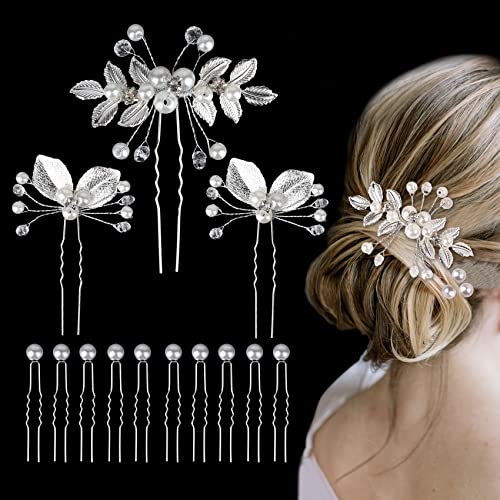 13 Stücke Braut Haarschmuck Hochzeit Silber, Perlen Haarnadeln Hochzeit Blumen Haarspangen U-förmig Haarkamm mit Kristall Strass für MäDchen Braut Brautjungfer von Kieswan