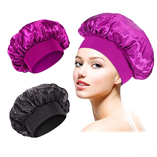 2 Stück Seidenhaube zum Schlafen Satin Bonnet für Locken, Seide Schlafmütze Damen, Weiche Nightcap Elegante Sleep Cap Silk Schlafhaube Verstellbare Nachtmütze Haarschutz mit Gummizug(Schwarz, Violett) von Kieswan