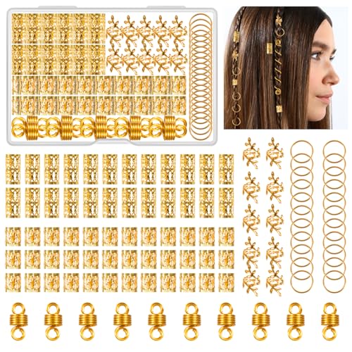 Kieswan 100 Stück Dreadlocks Schmuck Wikinger Haarschmuck Gold, Metall Haarringe für Zöpfe, Verstellbar Cuffs Haarperlen Haarspiralen für Braids Zubehör Dekoration von Kieswan