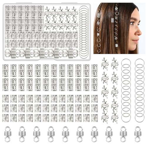 Kieswan 100 Stück Dreadlocks Schmuck Wikinger Haarschmuck Silber, Metall Haarringe für Zöpfe, Verstellbar Cuffs Haarperlen Haarspiralen für Braids Zubehör Dekoration von Kieswan