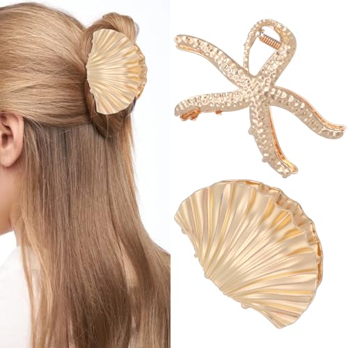 Kifmurase Seestern Haarklammern Muschel Clip Haarschmuck Strand Muschel Haarnadel Gold Metall Clip Große Klaue Clips Sommer Muschel Haarnadeln für Frauen und Mädchen (Gold 2 Stück) von Kifmurase