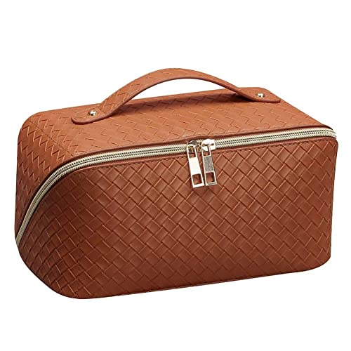 Große Kapazität, Reise-Kosmetiktasche, Leder-Make-up-Organizer-Tasche, wasserdichte Kosmetiktasche, tragbare Make-up-Tasche mit Griff, braun, modisch von KiheNe