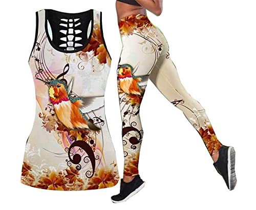 Damen Nymphensittich, bunt, 3D-Druck, hohles Tanktop + Leggings, 2-teiliges Set, 1, Groß von Kiioouu