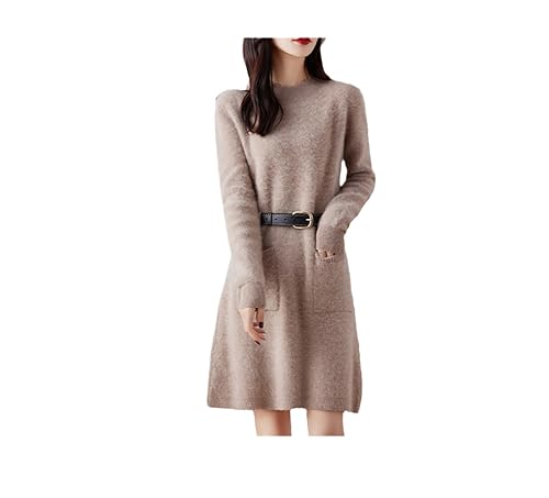 Frauen Wollkleid Damen Halbhoher Kragen Pullover Gestrickt Langes Oberteil Herbst/Winter Warmer Rock khaki9 XL(62.5-67.5) kg von Kiioouu