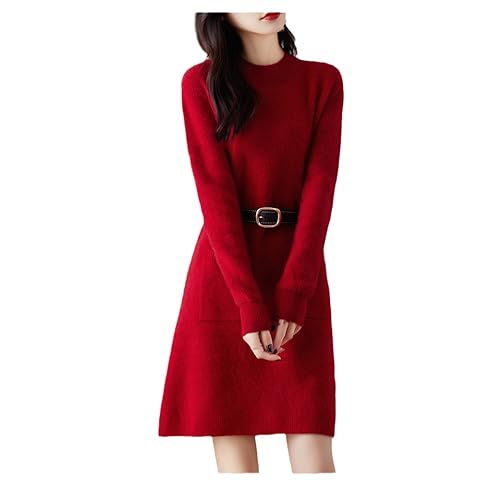 Frauen Wollkleid Damen Halbhoher Kragen Pullover Gestrickt Langes Oberteil Herbst/Winter Warmer Rock red S(42.5-50) kg von Kiioouu