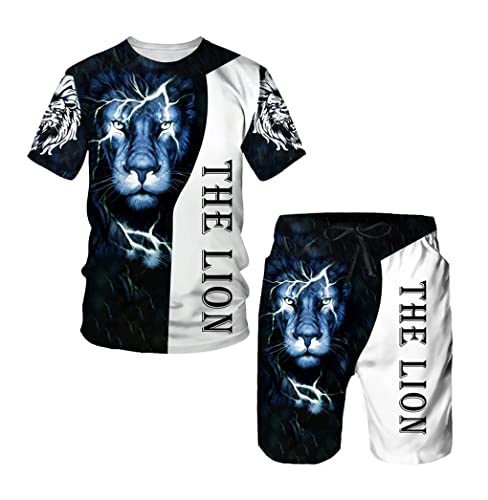 Herren Tiger King Sommer 3D Löwe Gedruckt Herren T-Shirt Shorts Sets Casual Trainingsanzug O-Ausschnitt Kurzarm Herrenanzug, 03571, XXXXX-Large von Kiioouu