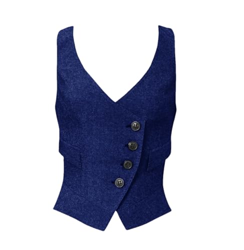 Kiioouu Damen Weste Braun V Ausschnitt Weste Hochzeit Fischgräten-Tweed Retro Slim Fit Einreiher Business Weste, königsblau, 48 von Kiioouu