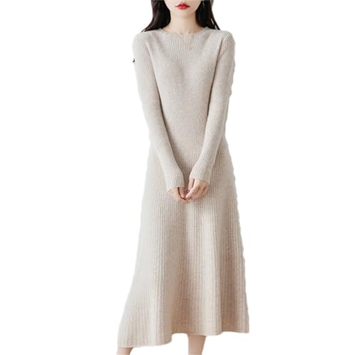 Kiioouu Damen-Wollstrickkleid Damen-Herbst- Und Winter-Rundhalsausschnitt Gestreift Schmale Passform Langes Pulloverkleid von Kiioouu