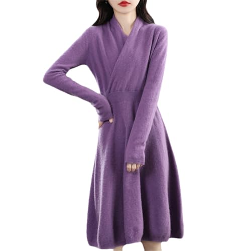 Kiioouu Herbst/Winter Frauen Kleider Wolle Stricken Pullover V-Ausschnitt Langarm Strickpullover Kleid, Goldbraun Rot, XX-Large von Kiioouu