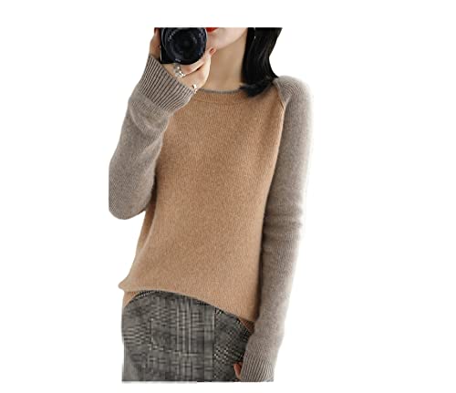 Kiioouu Herbst Winter Wolle/Kaschmir Pullover Damen O-Ausschnitt Strick Farbblockierender Pullover Lose Warm Top, Golden Khaki9, S von Kiioouu