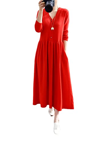 Kiioouu Herbst und Winter V-Ausschnitt Kaschmir Kleid Weibliches Temperament Langer Absatz über dem Knie Kleid, rot, L von Kiioouu