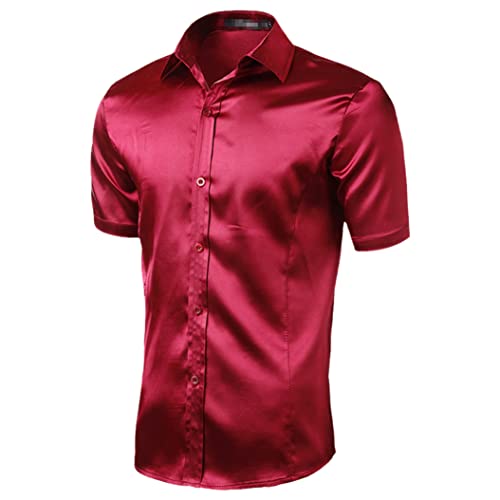 Kiioouu Herren Satin Hemd Herren Sommer Kurzarm Slim Fit Herren Kleid Hemden Casual Glatt Party Herren Hemd, rot, X-Groß von Kiioouu