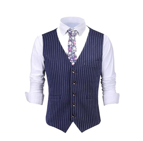 Kiioouu Herren Streifen Anzugweste Einreiher Knopf Nadelstreifen Weste Slim Fit Klassische Weste Hochzeit Bräutigam Männer Weste, marineblau, XXL von Kiioouu