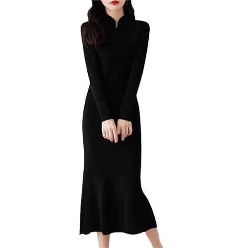 Schlankes Wollkleid Für Damen Lang Über Dem Knie Unterer Rock Pulloverkleid Im Chinesischen Stil Halbhoher Kragen Pulloverkleid Black S von Kiioouu