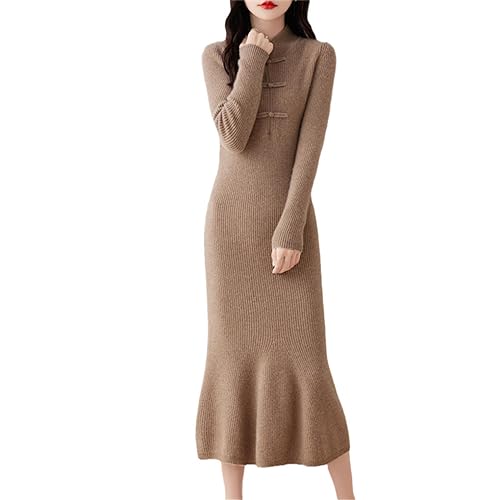 Schlankes Wollkleid Für Damen Lang Über Dem Knie Unterer Rock Pulloverkleid Im Chinesischen Stil Halbhoher Kragen Pulloverkleid beige XXL von Kiioouu