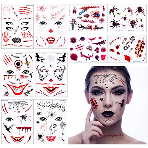 10 Blatt Halloween Temporäre Tattoos Gesicht Narben Kratzer Aufkleber Blut Aufkleber für Halloween Kostüm Makeup Karneval Party von Kiiwah