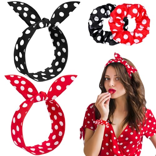 Kiiwah 4 Stück Haarschmuck Accessoire mit Polka Punkt fur Damen Mädchen, Satin Scrunchies Haargummi Invisibobble, Stirnbänder mit Einstellbar Draht, Vintage Haarband in Klassischer Rot und Schwarz von Kiiwah