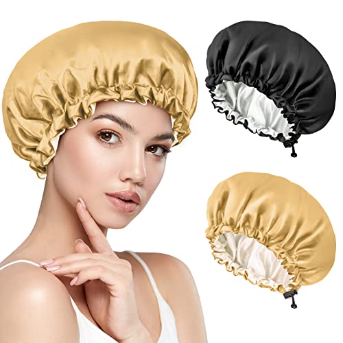 Kiiwah 2 Stück Satin Bonnet, Schlafhaube Seide Doppelschicht Schlafmütze Seidenhaube Zum Schlafen, Silk Bonnet Sleep Cap Verstellbare Satin Haarhaube für Mädchen Dame Schütze Die Haare von Kiiwah
