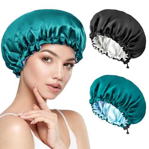 Kiiwah 2 Stück Satin Bonnet, Schlafhaube Seide Doppelschicht Schlafmütze Seidenhaube Zum Schlafen, Silk Bonnet Sleep Cap Verstellbare Satin Haarhaube für Mädchen Dame Schütze Die Haare von Kiiwah