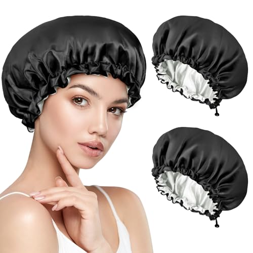 2 Stück Satin Bonnet, Schlafhaube Seide Doppelschicht Schlafmütze Seidenhaube Zum Schlafen, Silk Bonnet Sleep Cap Verstellbare Satin Haarhaube für Mädchen Dame Schütze Die Haare von Kiiwah