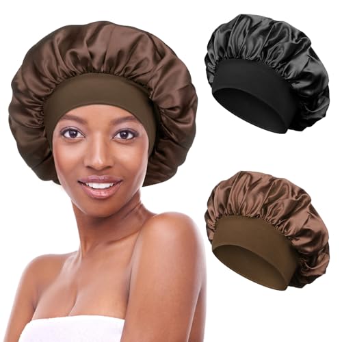 2 Stück Satin Bonnet Schlafhaube Seide Locken Atmungsaktive Seide Schlafmütze Verstellbare Silk Bonnet Seidenhaube zum Schlafen Weiche Satin Haube für Damen Mädchen(Schwarz, Kaffee) von Kiiwah