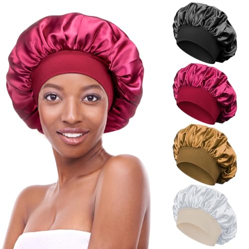 4 Stück Satin Bonnet Schlafhaube Seide Locken Atmungsaktive Seide Schlafmütze Verstellbare Silk Bonnet Seidenhaube zum Schlafen Weiche Satin Haube für Damen Mädchen(Schwarz, Rot, Gold, Silber) von Kiiwah
