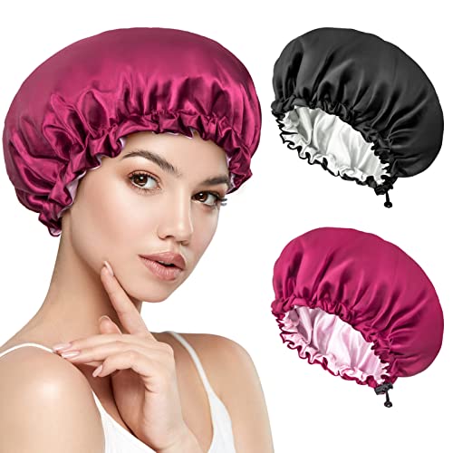 Kiiwah 2 Stück Schlafhaube Seide, Doppelschicht Satin Bonnet Sleep Cap, Nacht Seidenhaube zum Schlafen, Verstellbare Schlafmütze Seide Weiche Silk Bonnet Seidenhaube für Locken Damen und Mädchen von Kiiwah