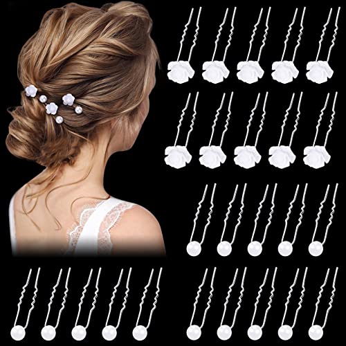 25 Stück Braut Hochzeit Haarnadeln, Haarnadeln Perlen, U-Förmige Brautschmuck Haarnadeln, Haarschmuck Hochzeit Blumen Strass Haarschmuck Kommunion für Frauen und Mädchen von Kiiwah