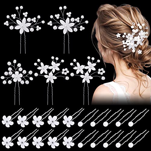 25 Stücke Hochzeit Haarnadeln, Braut Haarnadeln, Blumen Perlen Braut Haarschmuck, U-Form Kristall Haare Brautschmuck Hochzeit Haarspangen für Damen Frauen Mädchen von Kiiwah