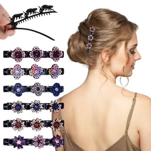 6P Kolibri-Haarspangen mit Kristallblume, Doppelschicht Geflochtene Haarspange Glitzer Strass, Braided Hair Clips Haarschmuck Set für Damen Mädchen von Kiiwah