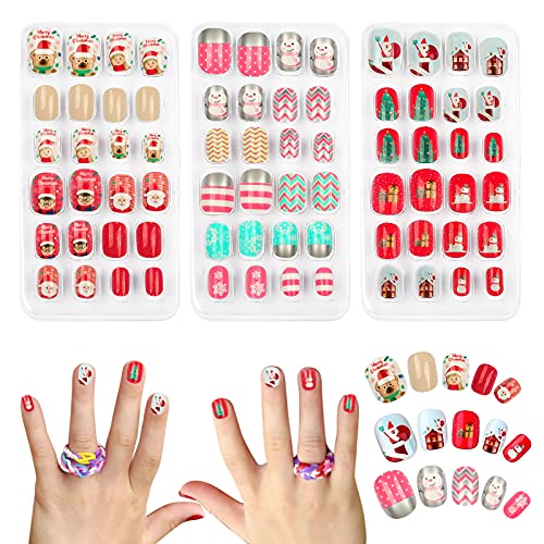 Weihnachten Nägel zum Aufkleben Kinder, Aufdrücken Künstliche Fingernägel, Kinder Volle Abdeckung Kurze Falsche Fingernägel Nagelspitzen Für Mädchen DIY Nail Art Dekoration (Stil 3) von Kiiwah